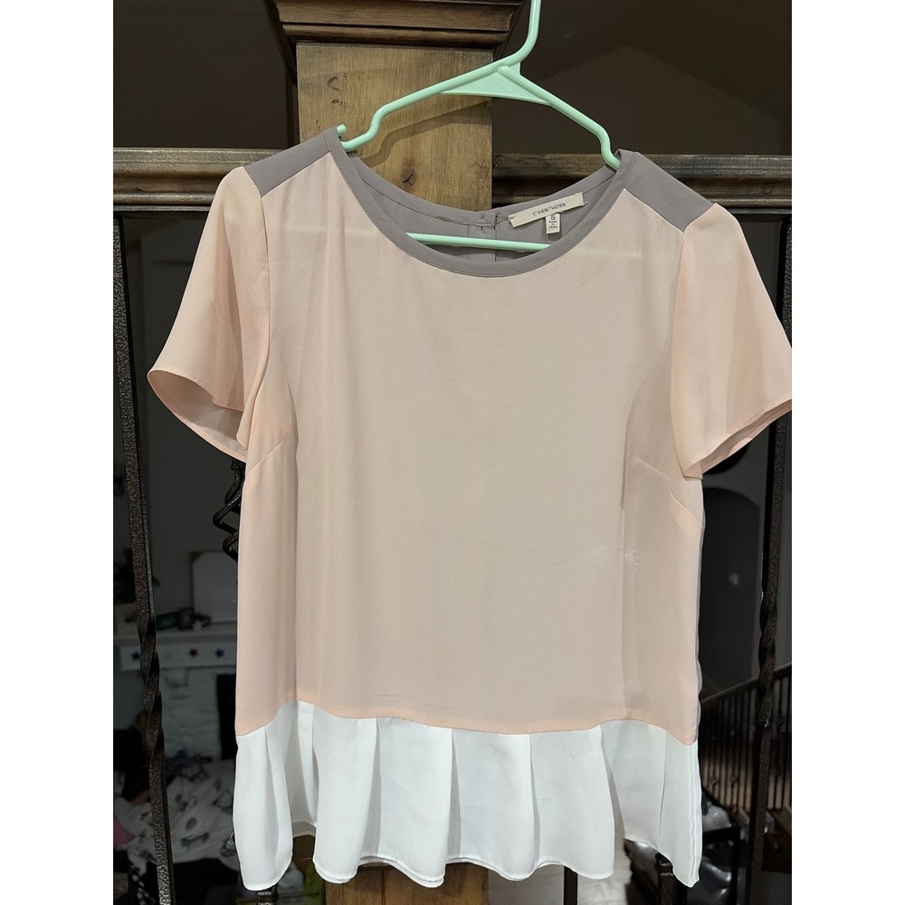 41 Hawthorn Colorblock Peplum Blouse Peach Grey White Button Back Womens‎ Small